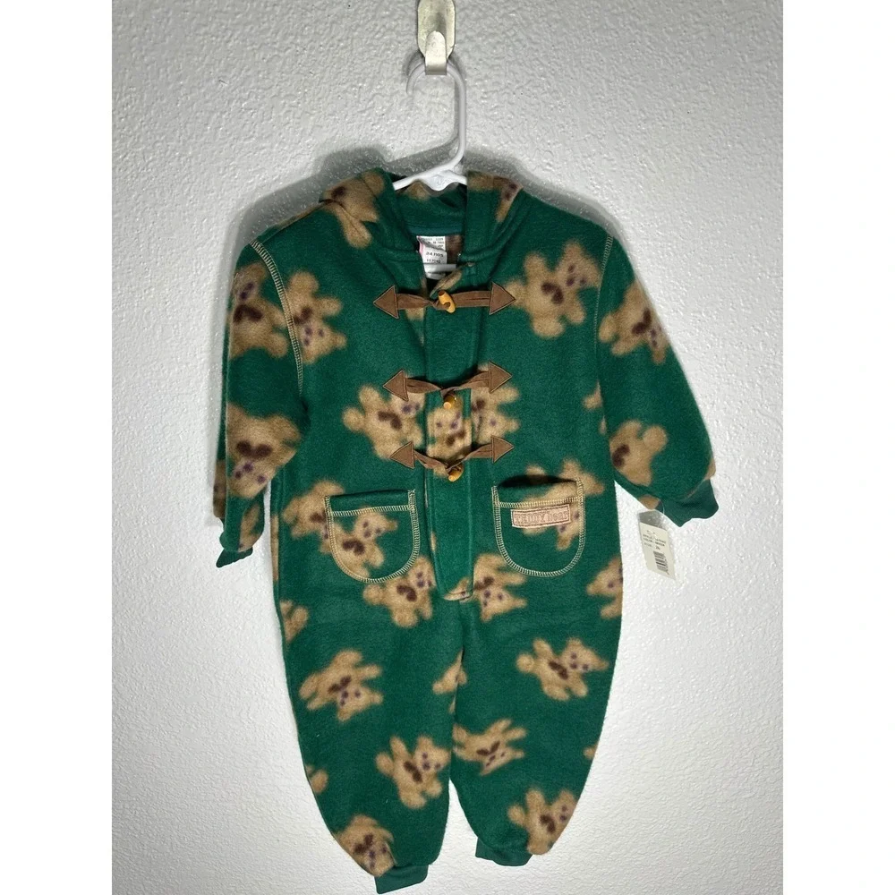 NWT Vintage Teddy Bear Fleece Hooded Bunting Snowsuit Green 24 Months New